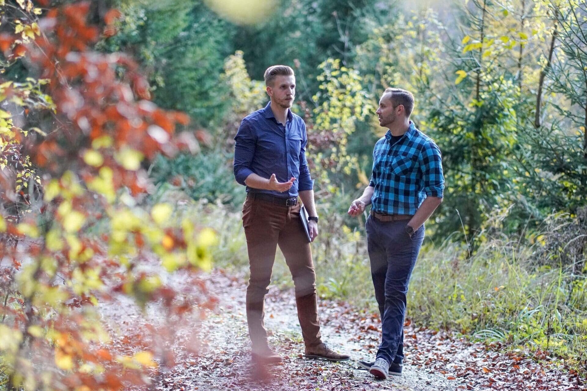 Die Holzquelle-Gründer stehen in einem Wald.
